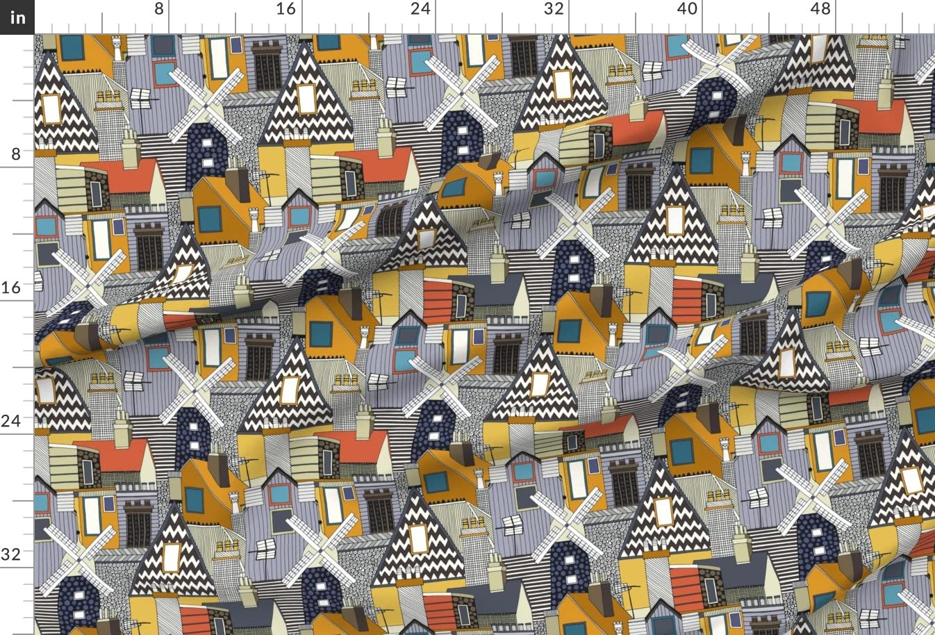 Windmill Gold Purple Illustration Nursery Architecture Printed Minky Fabric by The Yard - Soft Plush Fabric for Sewing Baby Blankets, Quilt Backing & Plush Toys - Perfect for Nursery Decor, DIY Projects & Gift Making