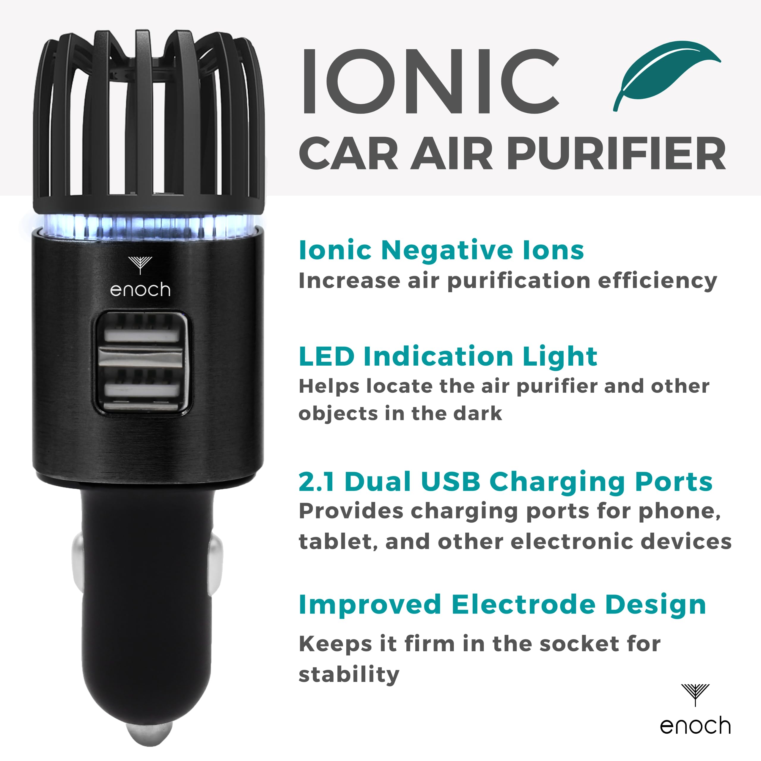 Enoch Ionic Car Air Purifier with Dual USB Charger - Eliminates Odor, Dust, Smoke, Pet & Food Smells - Ozone Car Deodorizer for Fresh Air (Matt Black) | Perfect for Road Trips, Commuting & Pet Owners