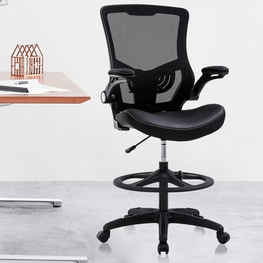 Ergonomic Drafting Chair with Lumbar Support - Adjustable Mesh Office Chair with Flip-Up Arms & Foot Ring for Home Office, Computer Desk, and Studio Work - Perfect for Architects, Designers & Long Hours Sitting