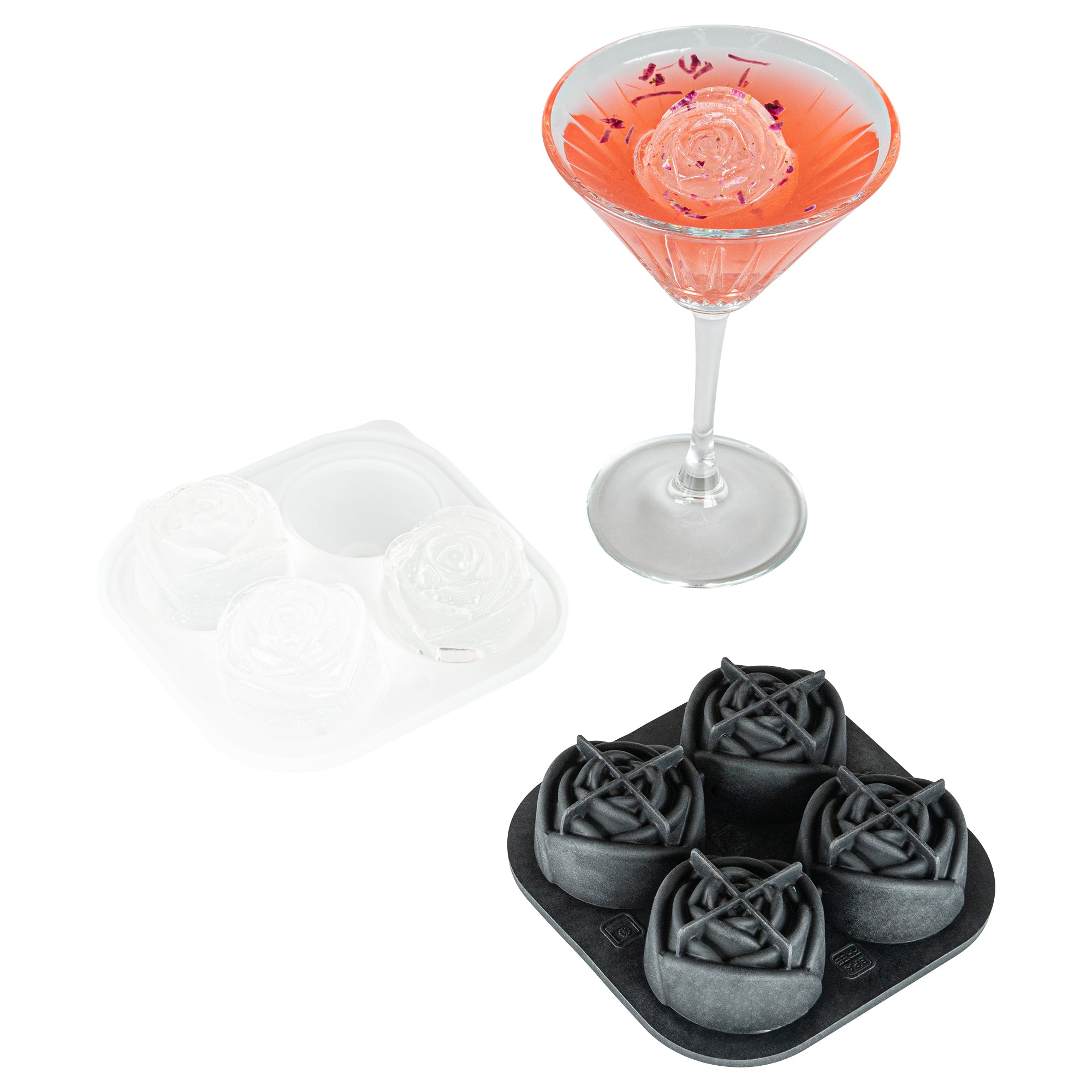 Premium Black Silicone Ice Cube Tray - 2 Rose & 4 Compartment Molds (1 Count) for Cocktails, Whiskey & Elegant Drink Presentation
