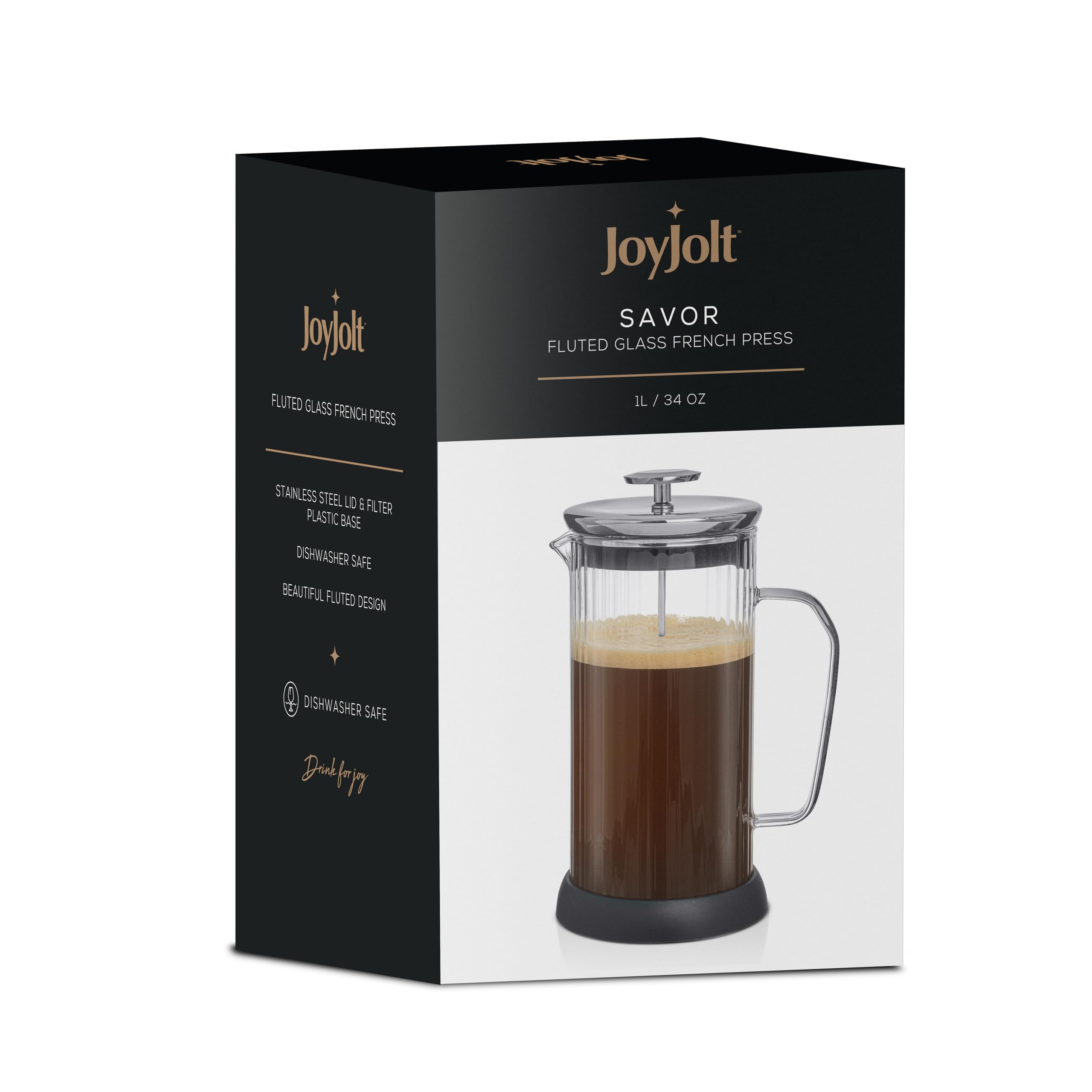 JoyJolt Fluted French Press Coffee & Tea Maker Set - 33.8oz Stainless Steel & Borosilicate Glass - Portable Cold Brew & Hot Coffee Maker for Home, Office, Camping & Travel