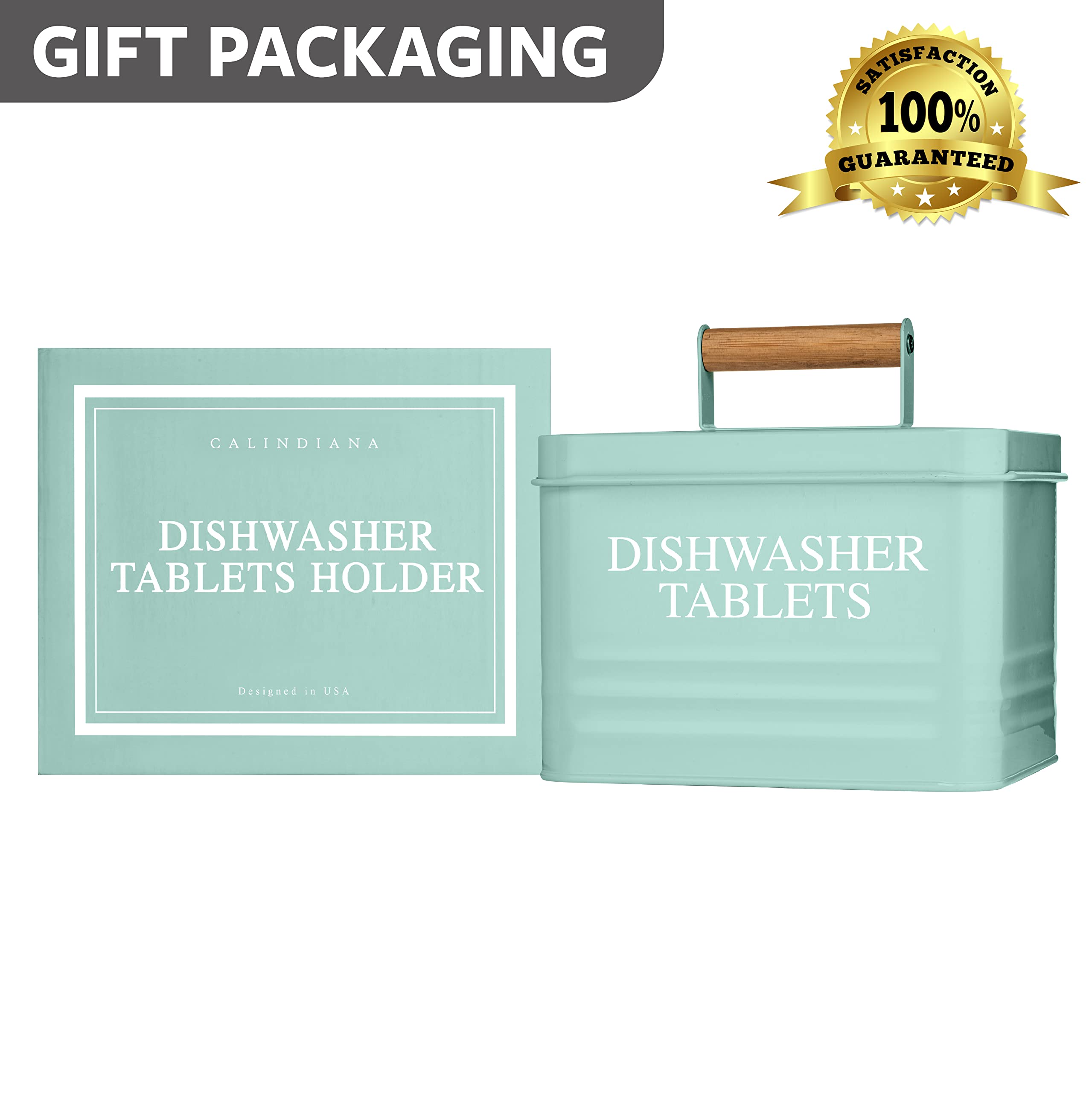 Modern Farmhouse Metal Dishwasher Pods Holder with Lid - Rustproof Kitchen Storage Container for Detergent Pods, Kitchen Organization & Decor Accessories (Mint Green) - Perfect for Countertop, Under Sink & Pantry Storage