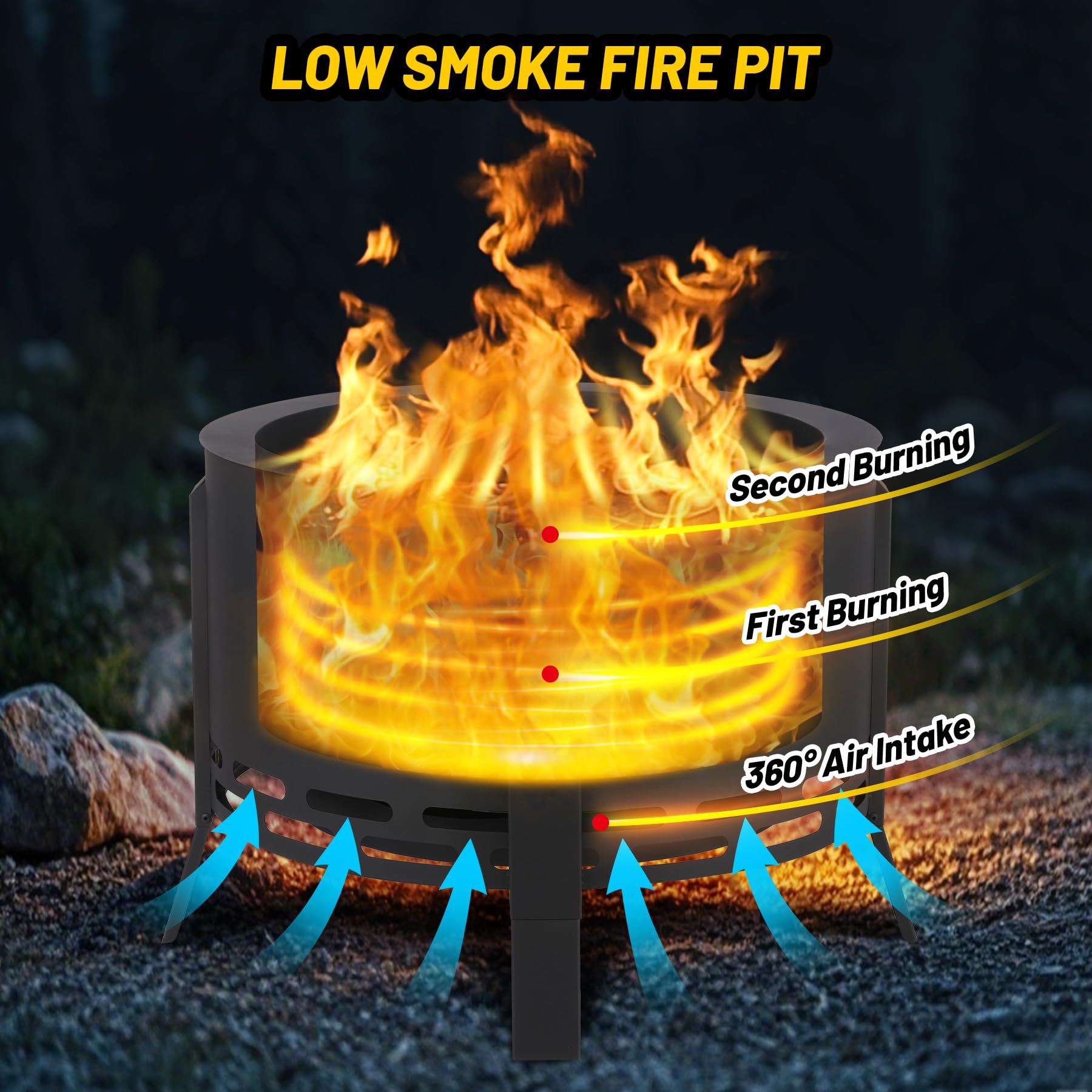 GARVEE 26 Inch Smokeless Fire Pit with Ash Tray - Adjustable Wood Burning Outdoor Fireplace with Fire Poker & Dust Bag - Perfect for Backyard BBQ, Camping, Bonfire Nights and Patio Gatherings