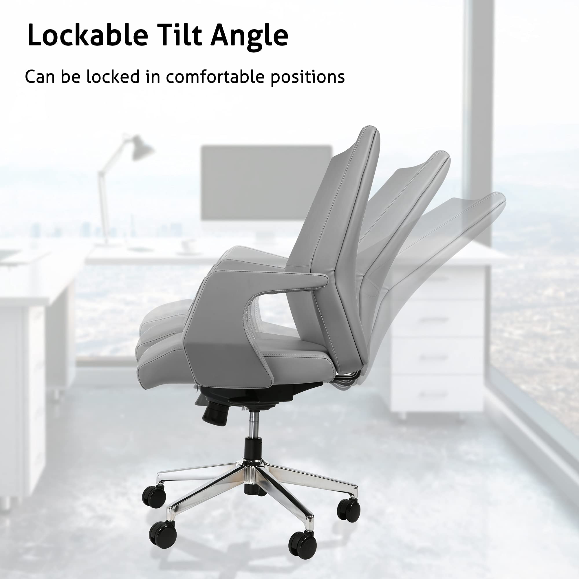 Premium Ergonomic Executive Office Chair - Adjustable Leather Desk Chair with Lumbar Support & Locking Mechanism - Grey Home Office Chair for Comfort & Productivity - Perfect for Professionals, Remote Work & Long Hours