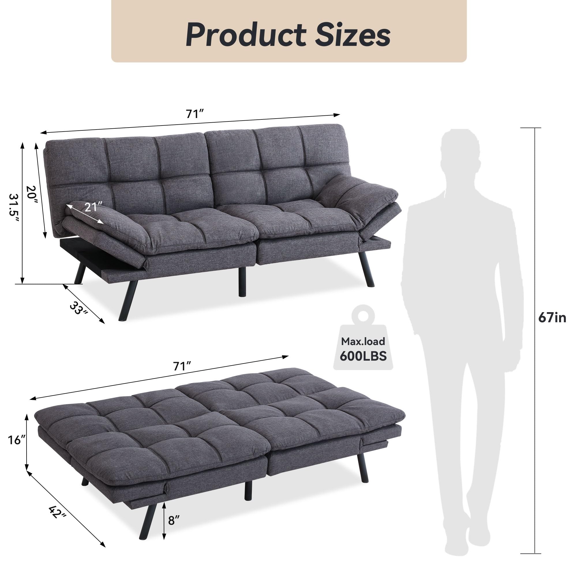 Convertible Futon Sofa Bed with Memory Foam - Modern Splitback Loveseat Sleeper Couch in Linen Fabric for Small Spaces, Living Room, Office & Apartment - Dark Grey | Perfect for Guest Rooms, Studio Apartments and Multi-Functional Spaces