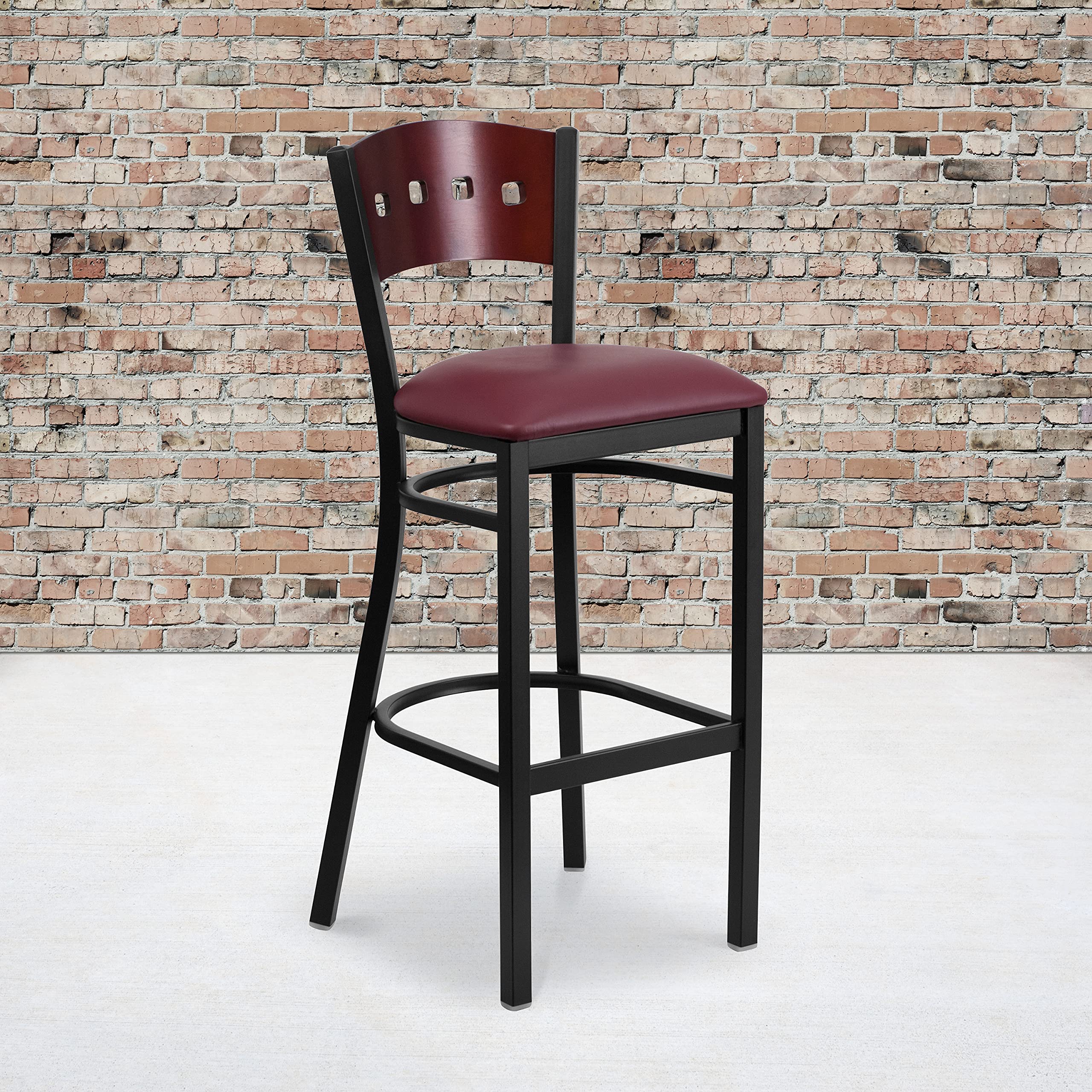Flash Furniture HERCULES Series Black 4 Square Back Metal Bar Stool with Mahogany Wood Back & Burgundy Vinyl Seat - Heavy Duty Restaurant, Kitchen Island, Home Bar & Commercial Use
