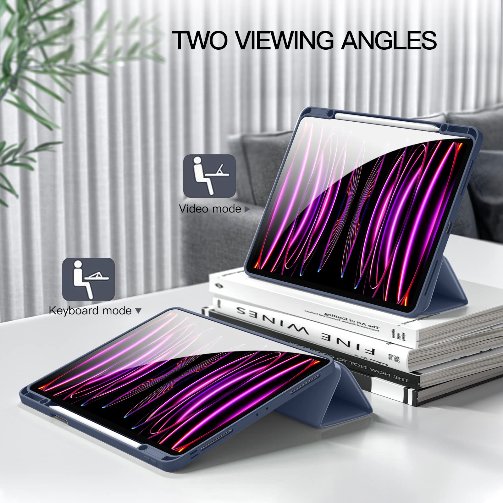 Akkerds iPad Pro 12.9 Case (6th/5th/4th/3rd Gen 2022-2018) - Premium Trifold Stand Smart Cover with Pencil Holder & Auto Wake/Sleep | Shockproof TPU Back | Blue Gray | Perfect for Work, School & Travel