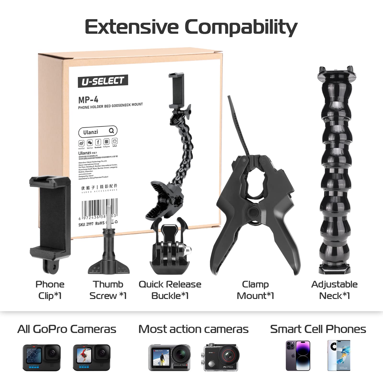 ULANZI Adjustable Jaws Flex Clamp Mount with Gooseneck - Compatible with iPhone, Samsung Smartphones (4-7