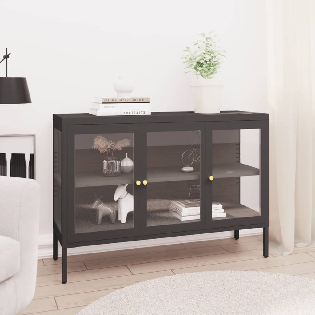 Modern Anthracite Sideboard with Steel Frame & Glass Doors - Sleek Design, Adjustable Shelves & Feet, 41.3