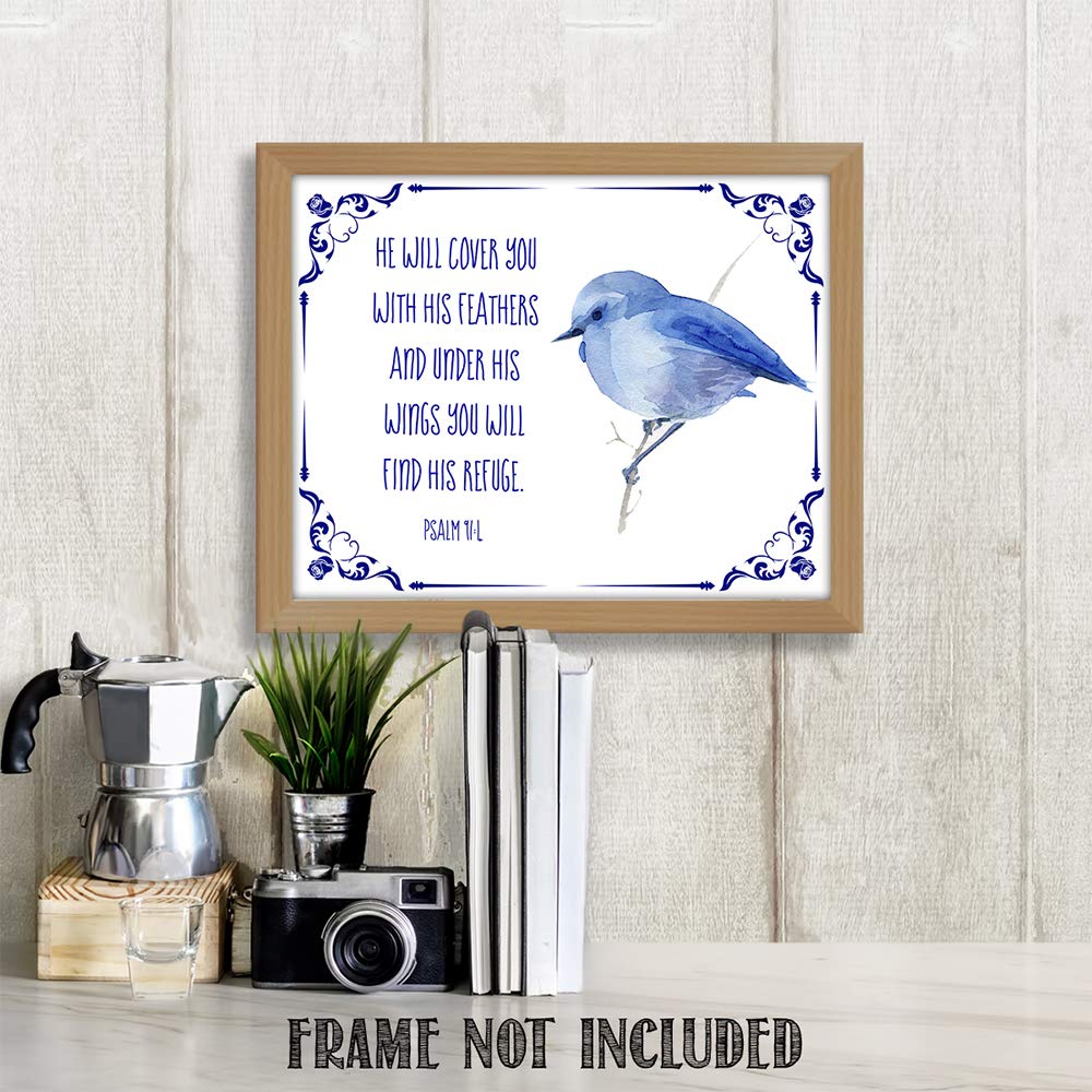 Psalm 91:4 Bible Verse Wall Print - 11x14 Watercolor Art - Inspirational Home Decor & Gift