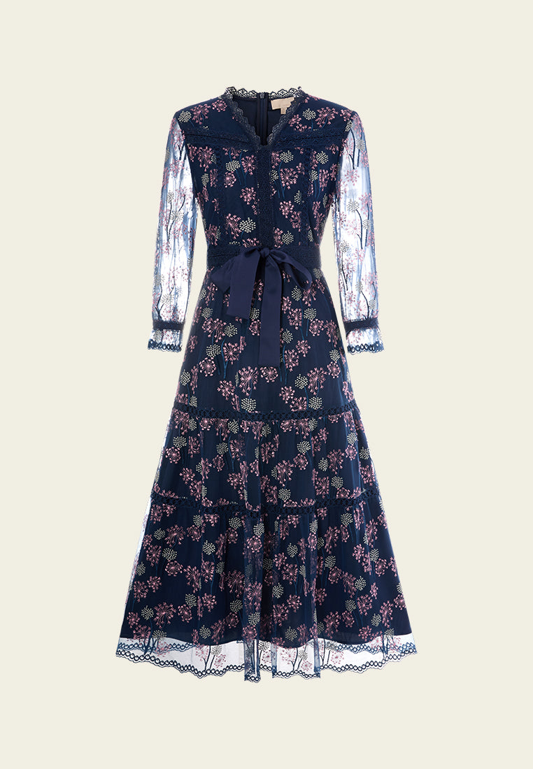 Elegant Dandelion Print Puff Sleeve Lace Trim Tie Belt Mesh Dress for Women - Perfect for Summer Parties, Weddings & Date Nights