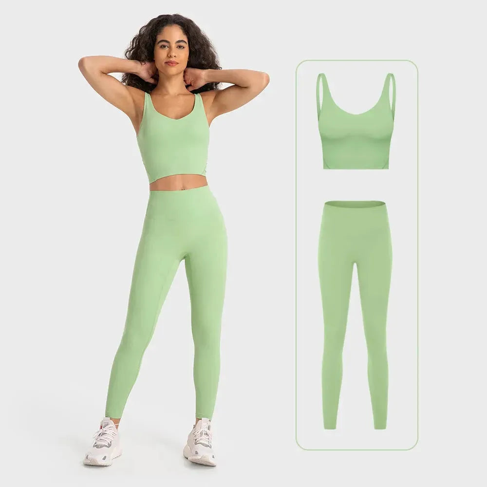 Women's 2-Piece Stretch Nylon Spandex Workout Outfit - Padded Crop Tank Bra & High Waist Yoga Leggings Set for Gym, Running & Yoga | Comfortable Tracksuit for Fitness & Active Lifestyle