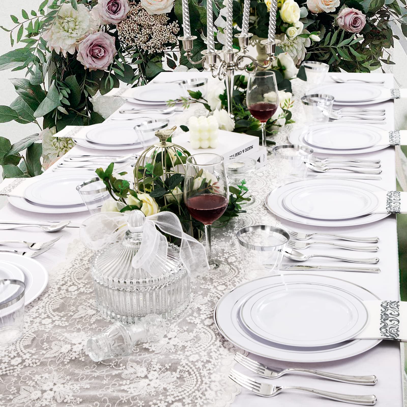 350PCS Silver Plastic Dinnerware Set for 50 Guests - Disposable Silver Plates, Forks, Knives, Spoons, Cups & Napkins for Party, Wedding, Christmas & Events | Elegant & Convenient Tableware Solution