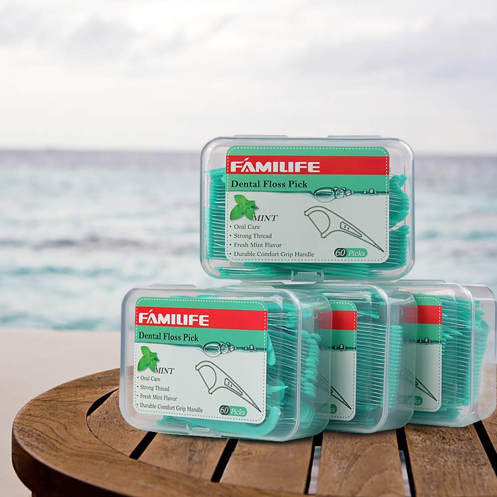 FAMILIFE Mint Dental Floss Picks 240 Count - Teeth Cleaning Flossers with 4 Travel Cases, Anti-Tooth Decay, Fresh Breath - Perfect for Family Oral Care at Home, Work & Travel
