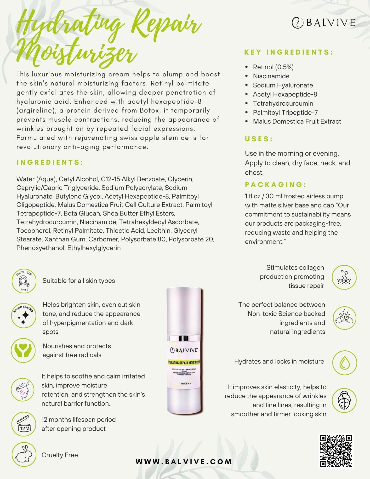 0.5% Retinol + Niacinamide + Hyaluronic Acid Anti-Aging Face Moisturizer - Wrinkle & Fine Line Treatment, Paraben Free, 1 Fl Oz - Perfect for Night Skincare Routine & Dry Skin Hydration