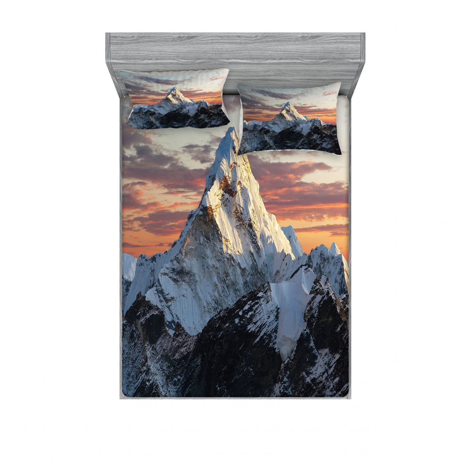 Ambesonne 2-Pack Queen Size Fitted Sheets & Pillow Sham Set - Mountain Nepal Everest Design, 4-Piece Bedding Set (2 Fitted Sheets + 4 Pillow Covers) - Vibrant Multicolor Home Decor for Master Bedroom, Guest Room & Vacation Homes