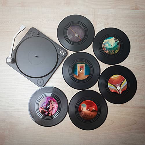Retro Vinyl Record Cup Coasters Set of 6 with Turntable Holder - Unique Gift for Music Lovers, Perfect for Home Bar, Office Desk & Record Player Enthusiasts