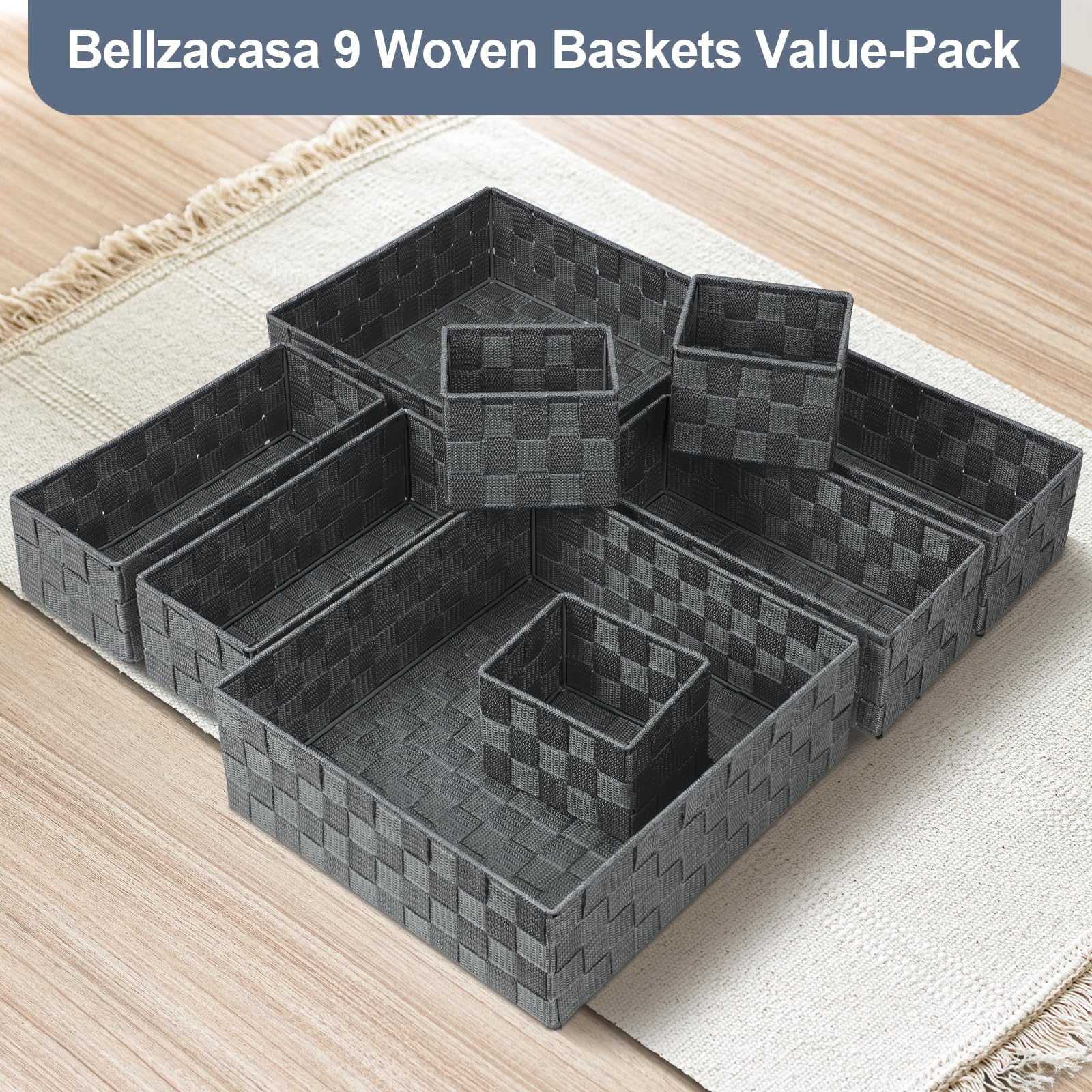Bellzacasa 9-Piece Woven Storage Baskets Set - Grey Cube Bin Organizer for Drawer, Shelves, Closet & Bathroom | Perfect for Home Organization & Decor