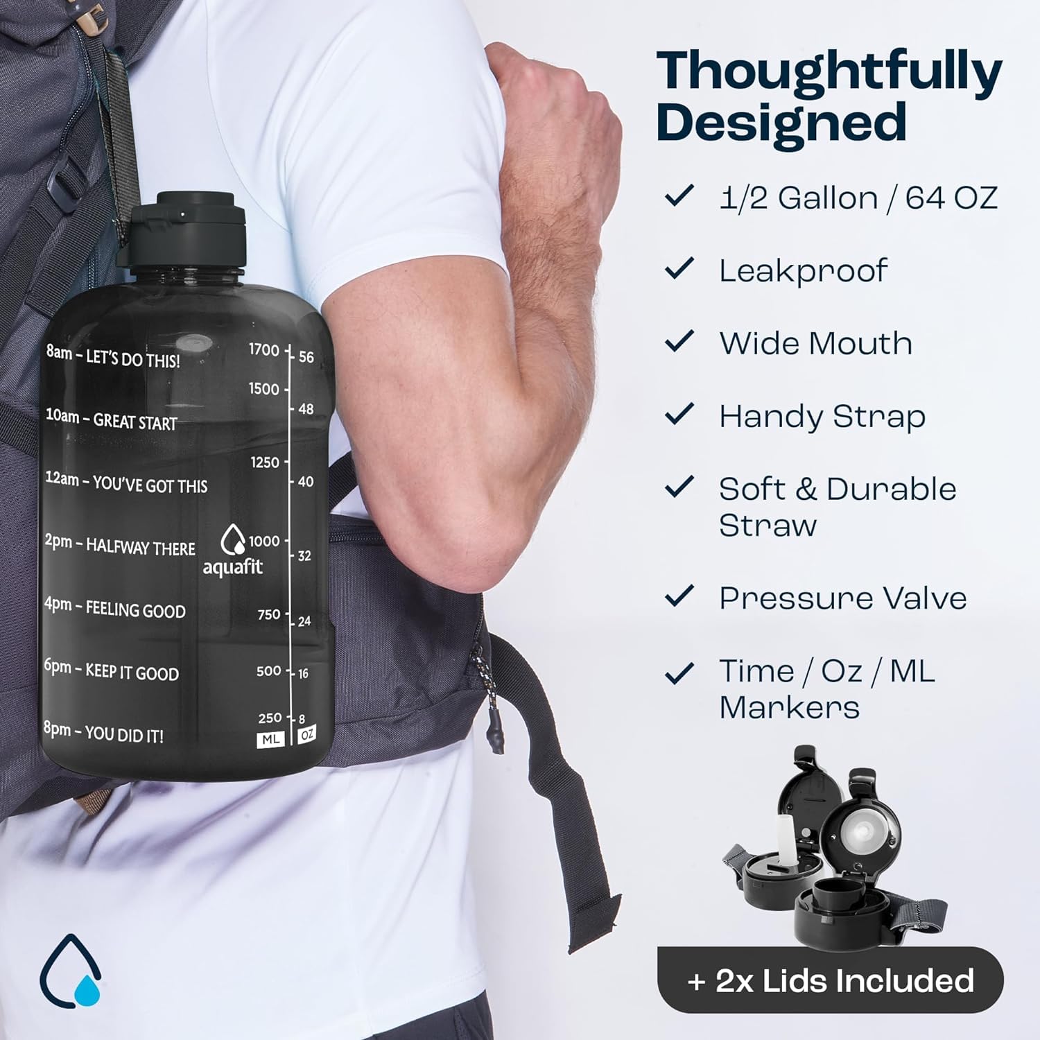 AQUAFIT 64 oz Half Gallon Water Bottle with Straw & Time Marker - Motivational Large Sports Water Jug for Gym, Workout, Hiking & Daily Hydration
