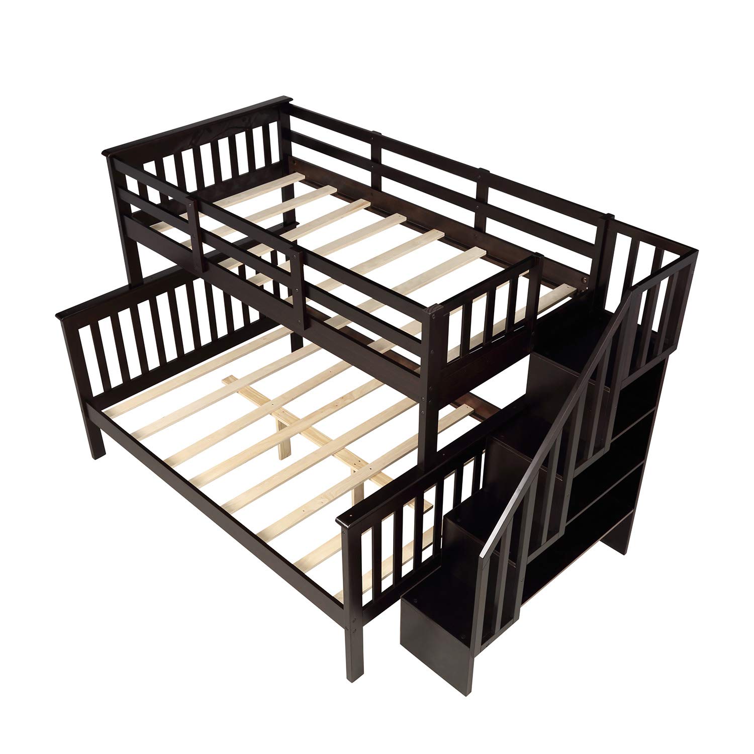 Twin Over Full Bunk Bed with Stairway & Guard Rail - Solid Wood Bunk Bed Frame with Storage Shelves - Converts to Separate Twin & Full Beds (Espresso Finish) - Perfect for Kids Bedroom, College Dorm, Space-Saving Guest Room & Small Apartments
