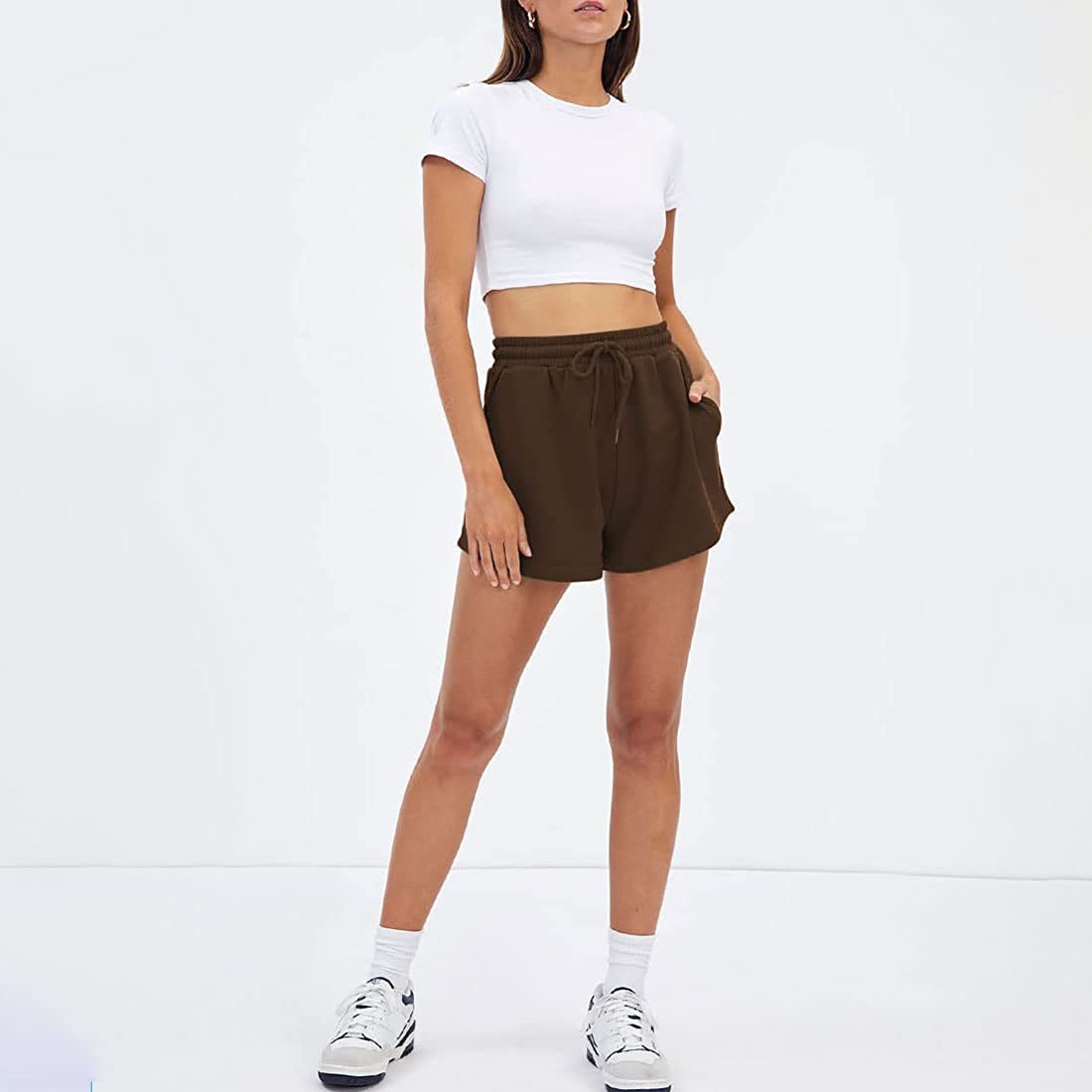 ASHER FASHION Women's High Waist Athletic Shorts with Pockets - Summer Running Shorts, Elastic Drawstring Comfort for Workout & Yoga - Perfect for Gym, Jogging and Casual Wear