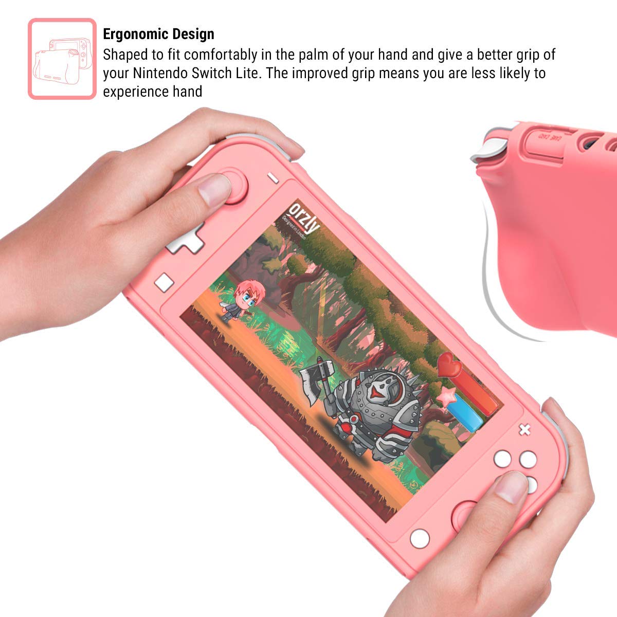 Orzly Comfort Grip Case for Nintendo Switch Lite - Padded Hand Grips, Adjustable Kickstand & Bonus Thumb Grips - Coral | Perfect for Gaming On-The-Go & Travel Protection