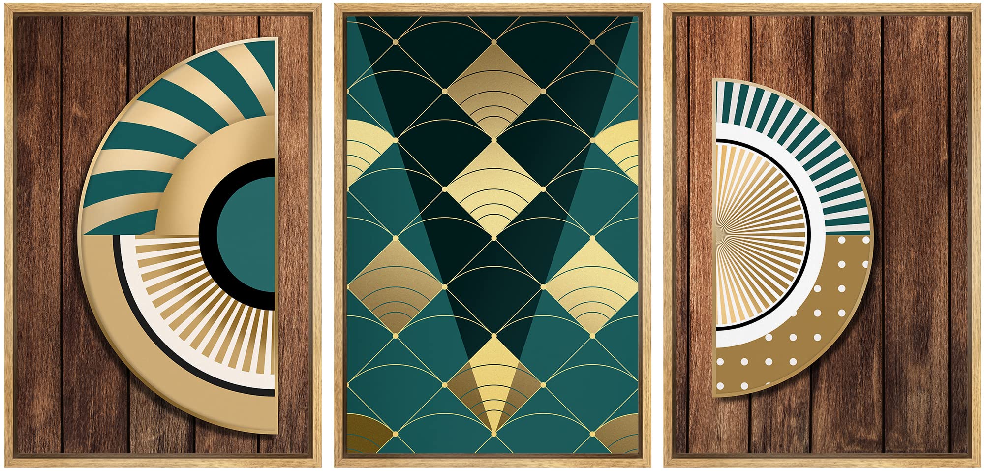 Wall26 Framed Abstract Geometric Wall Art Print Set - Teal & Gold Diamond & Circle Patterns on Wood Panels, Modern Bohemian Digital Art for Living Room, Bedroom, Office Decor - 16