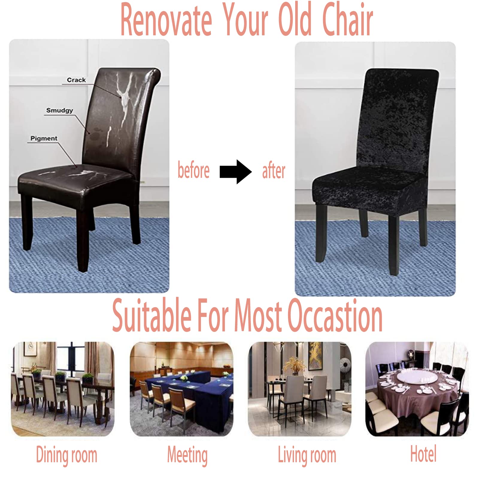 Premium Crushed Velvet Stretch Dining Chair Covers - Elastic Slipcovers for Chairs - Protective Seat Covers for Home, Wedding, Banquet & Party Decor (Black, Set of 2) - Perfect for Dining Room, Event Decorations & Home Improvement