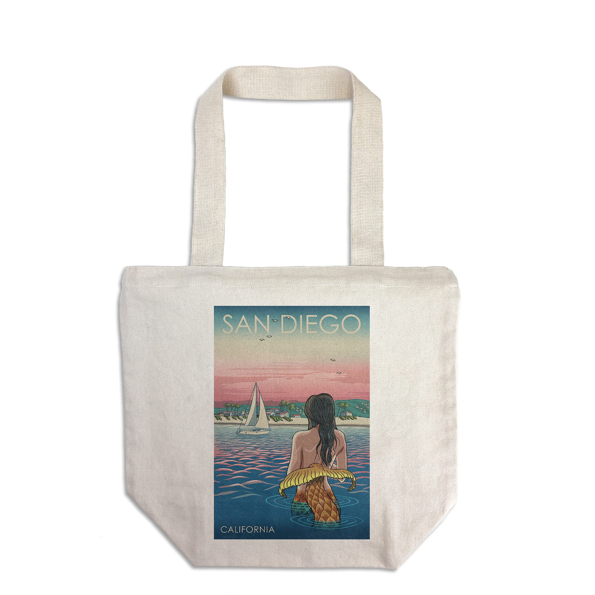 Lantern Press San Diego California Mermaid Beach Tote Bag - 100% Cotton Canvas Reusable Shopping Bag for Beach, Grocery & Everyday Use