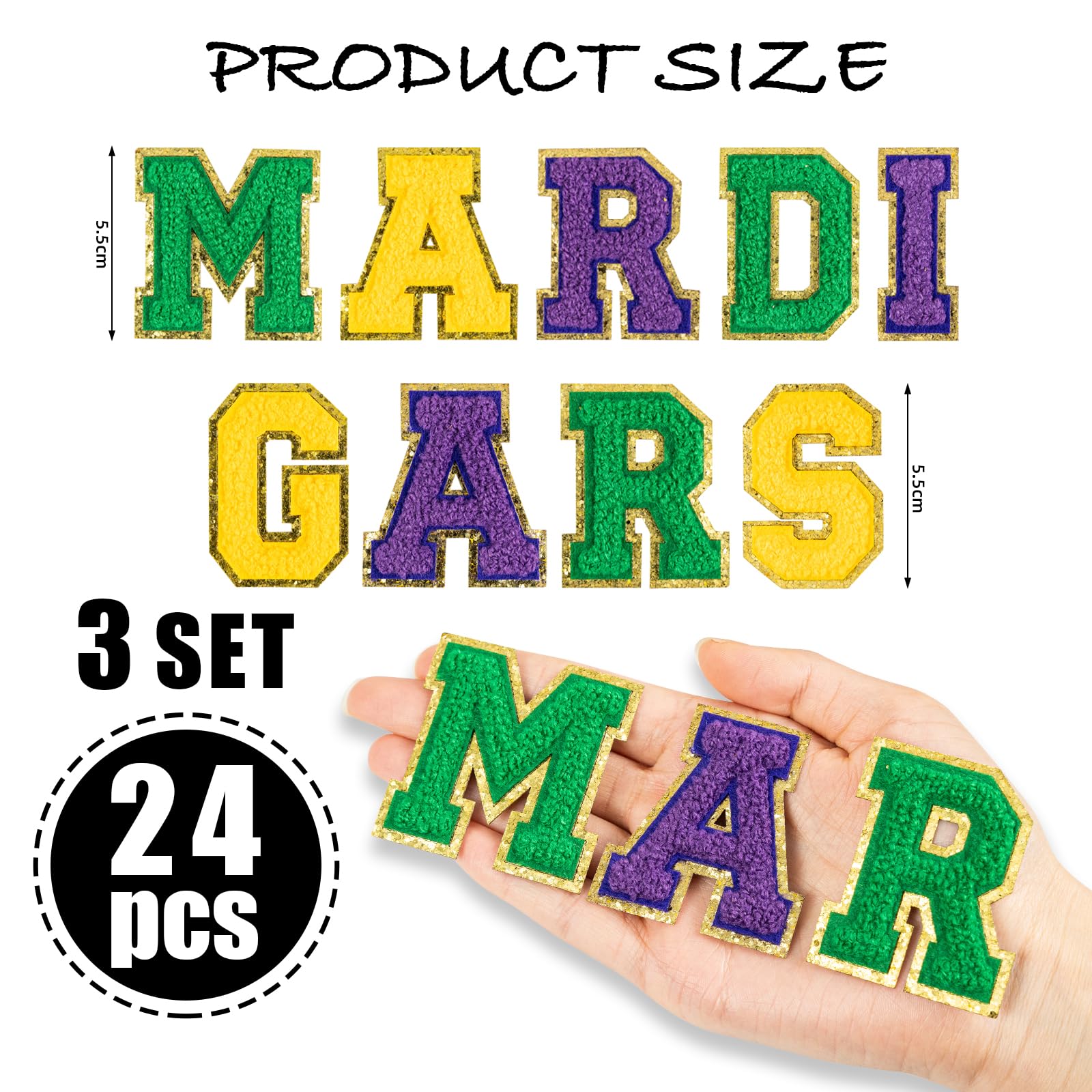 27PCS Mardi Gras Chenille Letter Iron-On & Sew-On Patches 2.1 Inch, Embroidered Applique Patches for Clothing, Bags, Hats, Jackets - Perfect for DIY Crafts, Costume Design, and Festival Decorations (Mardi Gras Party Supplies)