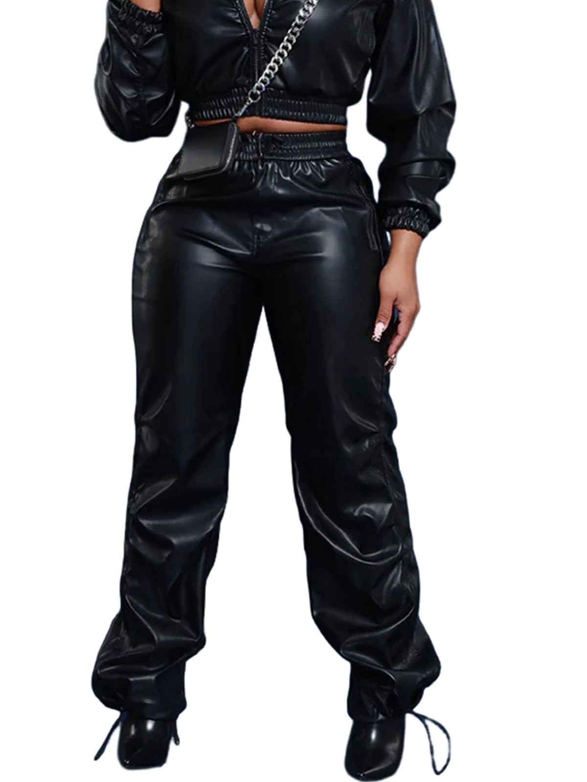 Hibshaby Women's Faux Leather High Waist Pants - Trendy Black Trousers for Work & Night Out