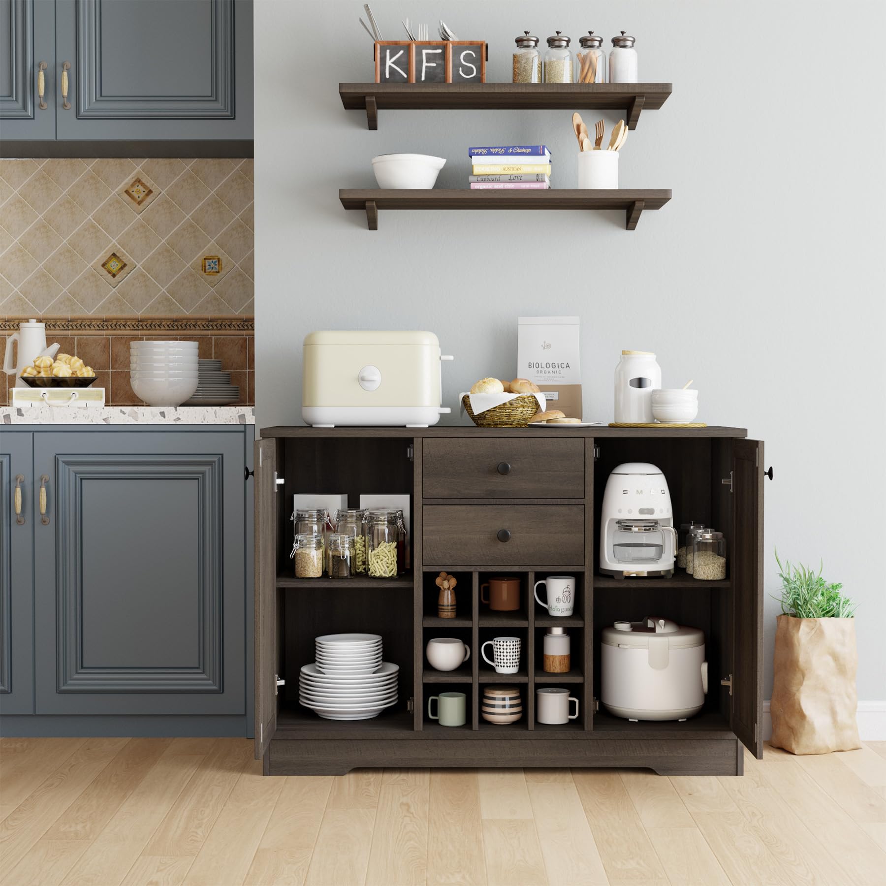 Farmhouse Buffet Sideboard Bar Cabinet with 2 Drawers & Adjustable Shelves - 43.3