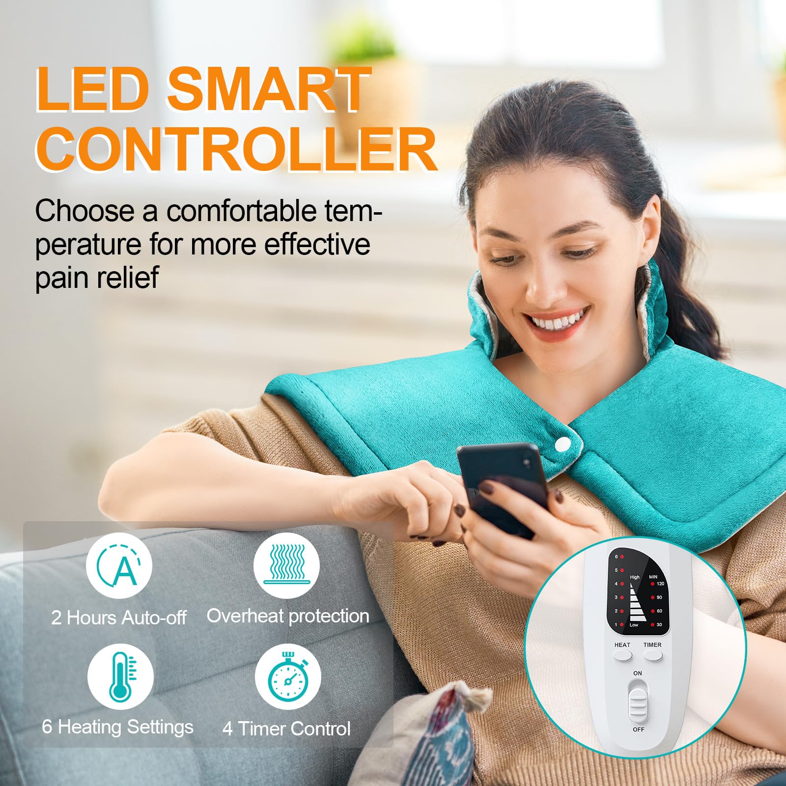 Weighted Heating Pad for Neck, Shoulders & Back Pain Relief - 6 Heat Settings & Auto-Off - 17