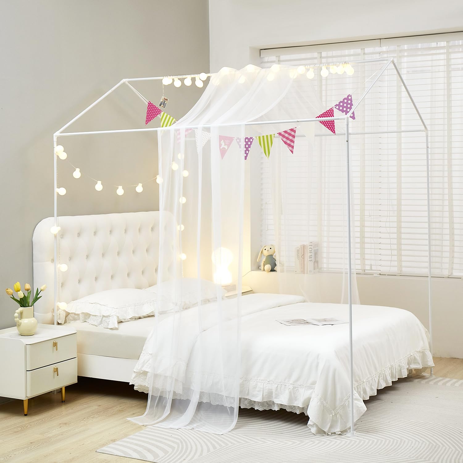 **Mengersi House Bed Canopy with LED Lights - Montessori Floor Bed Canopy for Kids, Girls & Boys - Four Poster Bed Curtains for Twin/Twin XL - White - Perfect for Nursery, Bedroom & Playroom Decor**