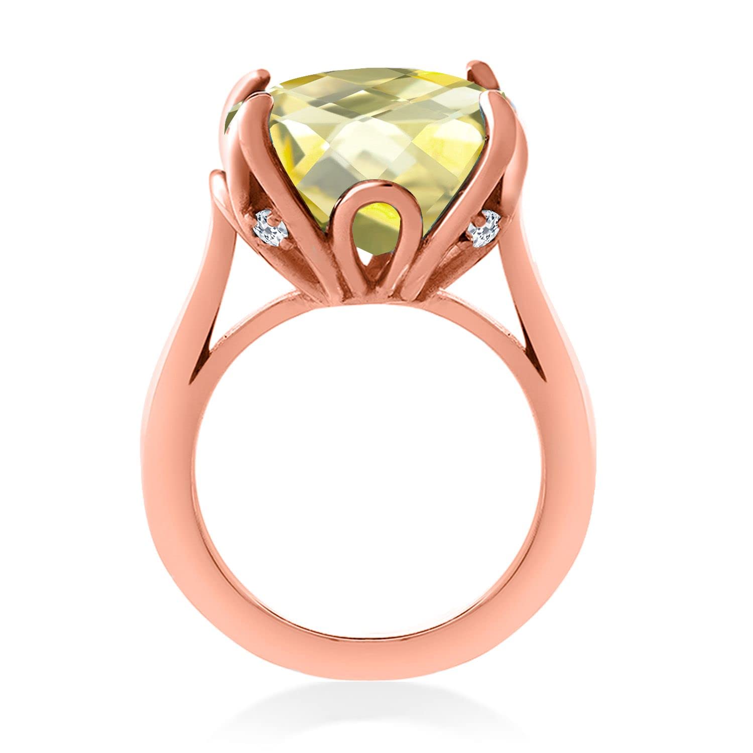 18K Rose Gold Plated Silver Lemon Quartz & White Topaz Engagement Ring for Women - 9.10 Cttw, 14mm Cushion Checkerboard (Sizes 5-9) | Elegant Bridal Jewelry, Wedding Proposal Gift, Anniversary Present