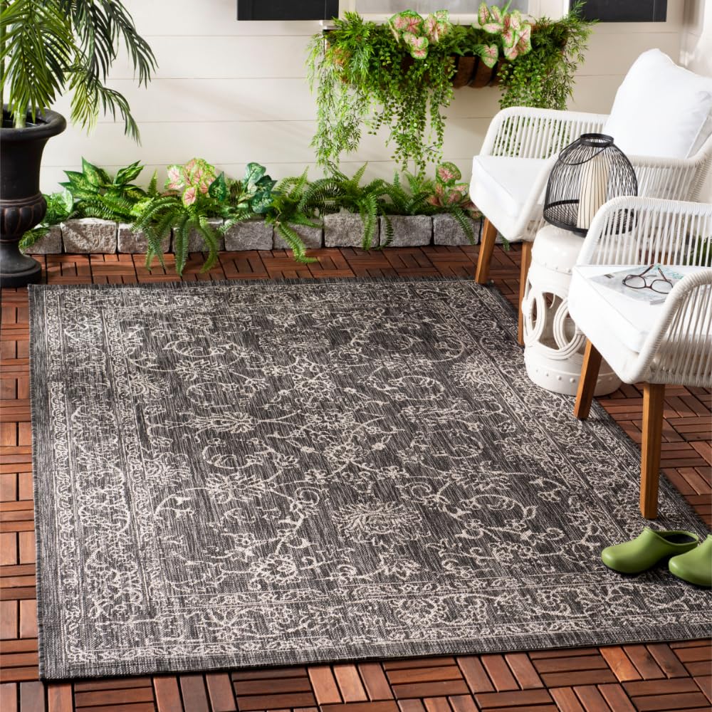 SAFAVIEH Courtyard Collection 4' x 5'7' Indoor Outdoor Area Rug - Black Ivory Bohemian Design for Patio, Backyard, Mudroom & Entryway Decor