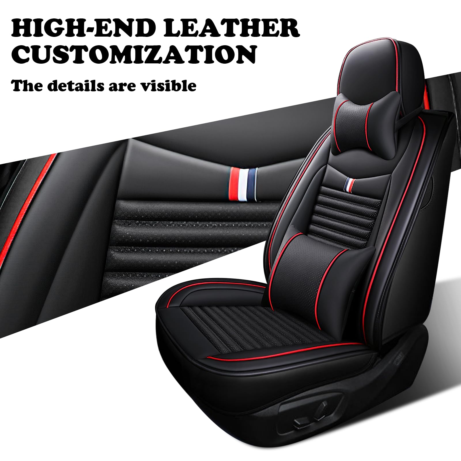 Premium Leather Car Seat Covers for Toyota Camry Hybrid 2007-2024 - Universal Anti-Slip Design Fits Most Cars, Sedans, SUVs & Trucks (Black Red Bars) - Perfect for Daily Commute, Road Trips & Long Drives