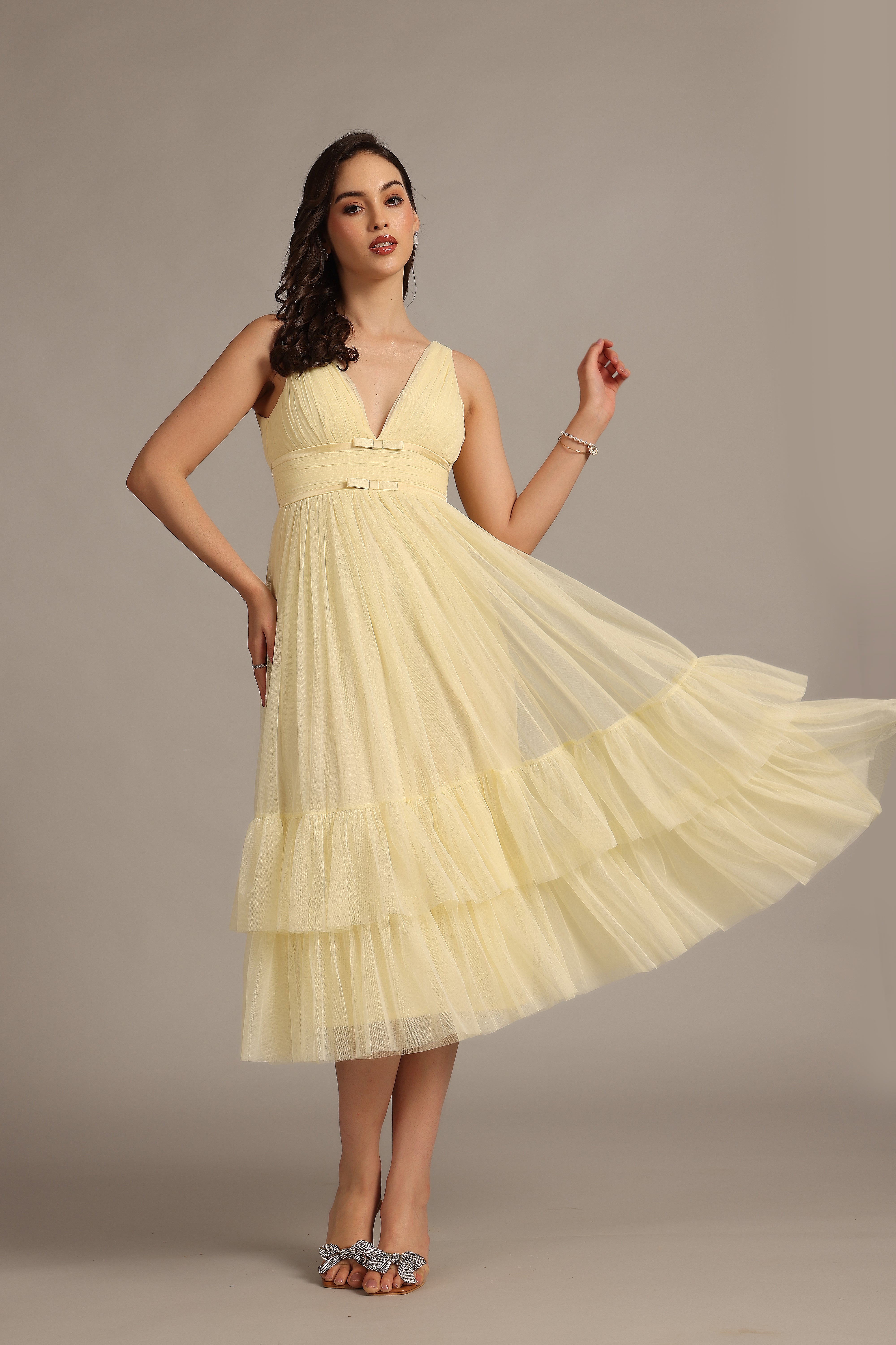 Nymeria Floral Midi Dress in Buttercup Yellow - Perfect for Spring Weddings & Garden Parties