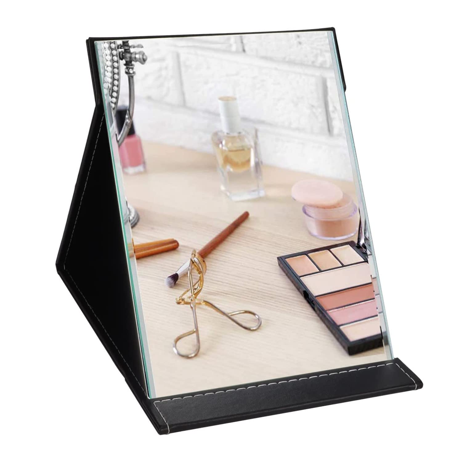 TOMATUS® Portable Folding Mirror - Adjustable Makeup Mirror with Stand for Vanity, Office Desk & Travel | Compact Black Design | Perfect for Home, Hotel & On-the-Go Touch Ups (Pack of 1)