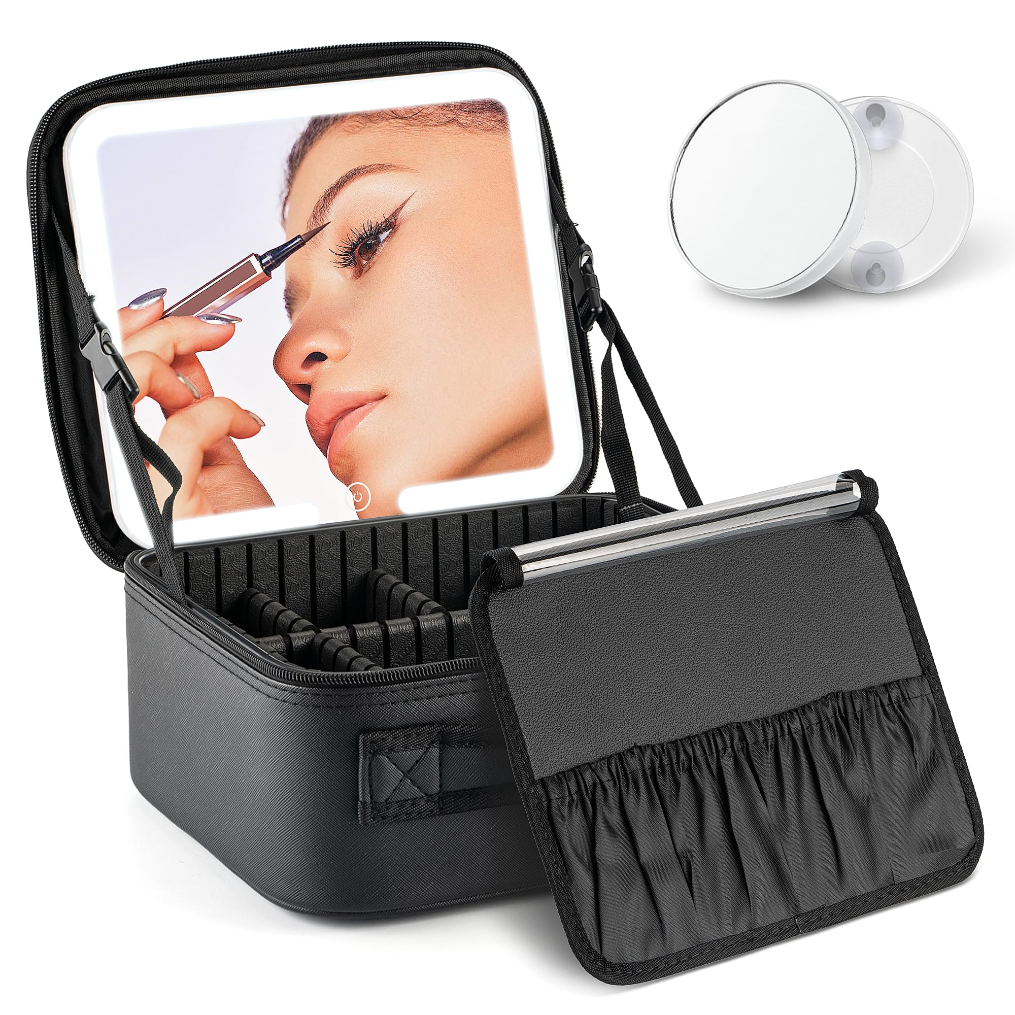LED Travel Makeup Bag with 10x Magnifying Mirror - Adjustable Dividers Cosmetic Organizer Case with 3 Lighting Modes & Brightness Control - Perfect for Women's Beauty Essentials On-The-Go (Black) | Ideal for Travel, Home Vanity & Professional Makeup Artists