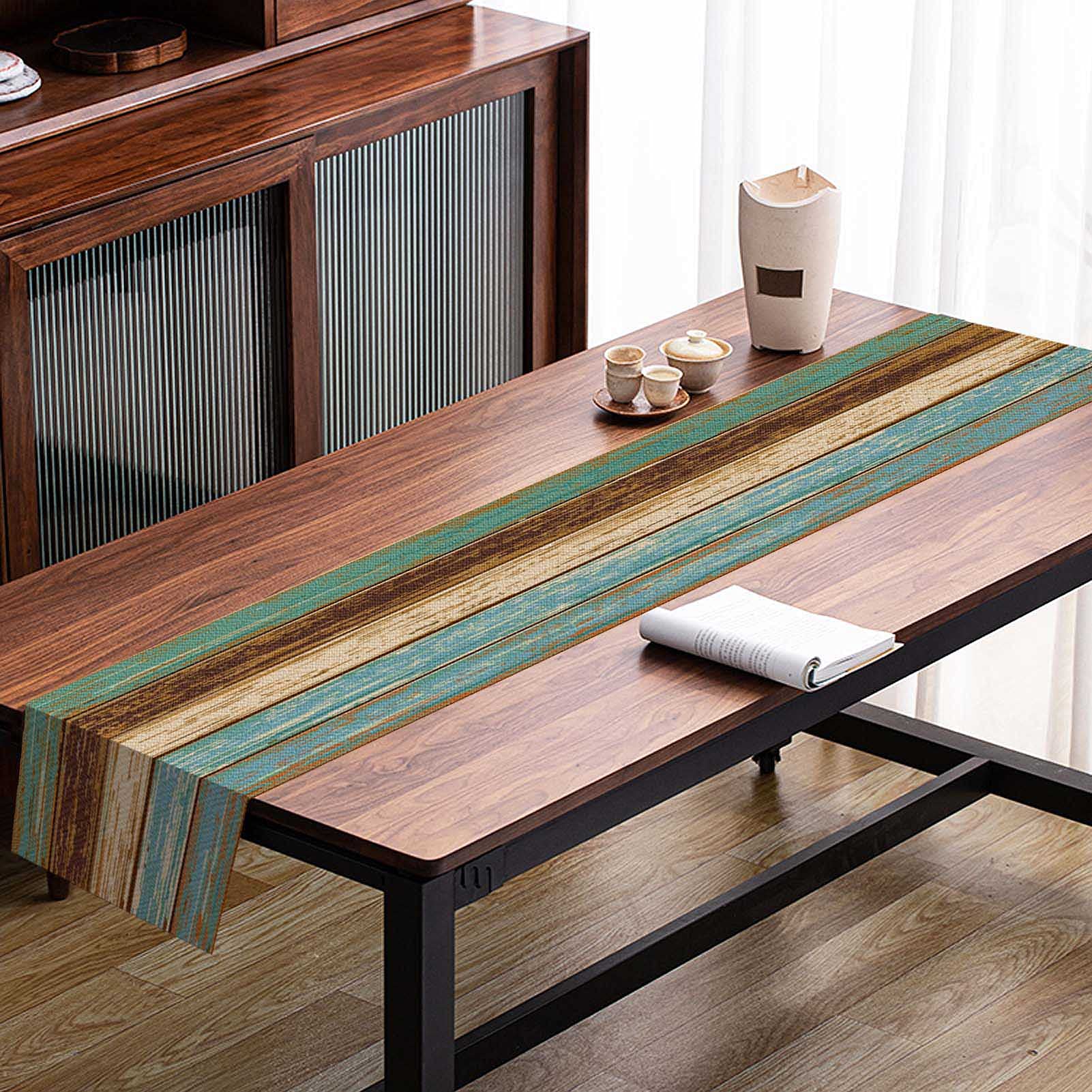 Mcalk Farmhouse Table Runner & 6-Piece Placemats Set - Teal & Brown Wooden Texture Rectangular Linen Placemats - Washable Kitchen & Dining Table Decor for Farmhouse, Rustic, or Modern Home Style - Perfect for Everyday Meals, Dinner Parties, and Holiday Gatherings