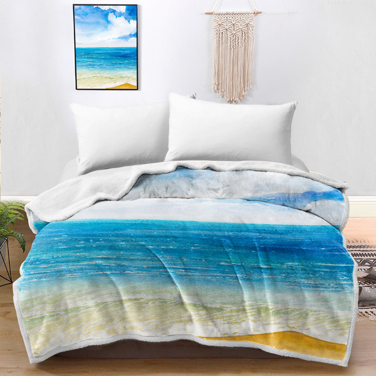Beach Painting Bedspread Blanket - Coastal Themed Throw Blanket for Sofa, Bed & Outdoor Picnics - Soft & Lightweight Summer Blanket for Beach House Decor