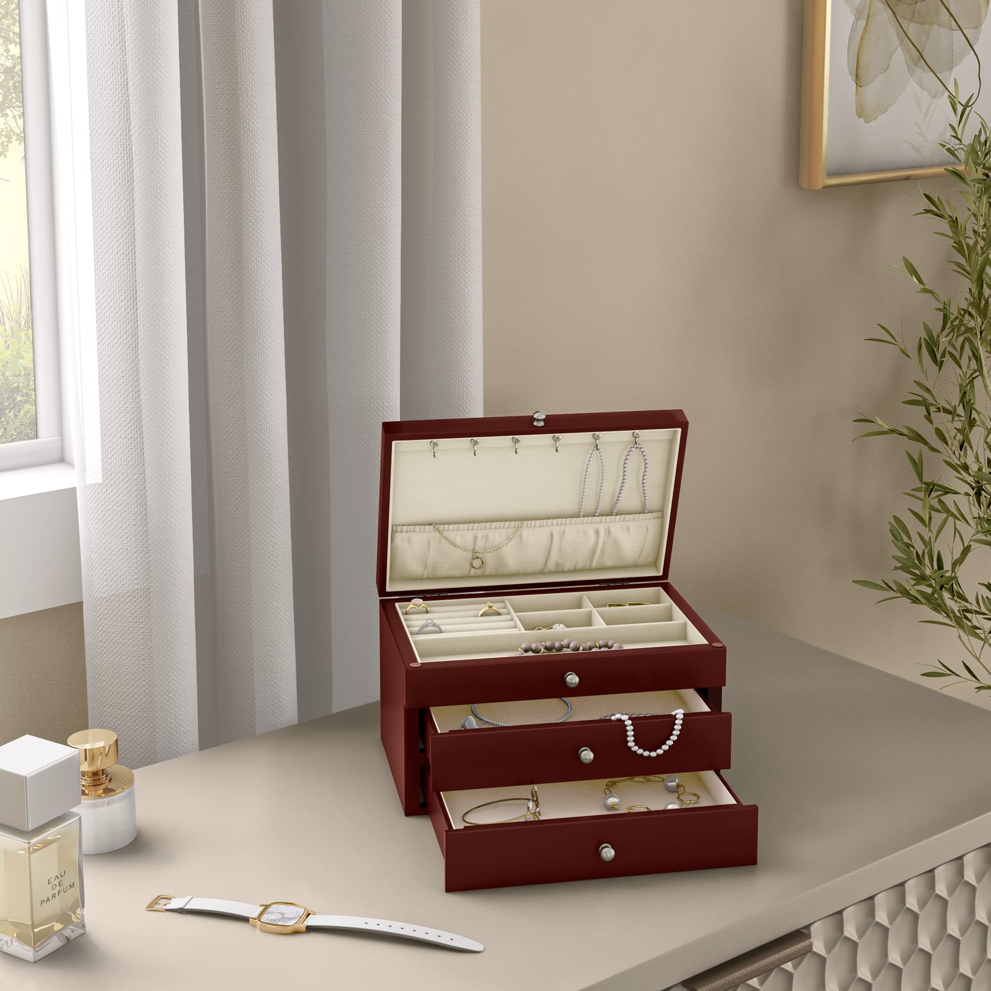 Elegant Walnut Finish Jewelry Box - Handcrafted Wooden Jewelry Organizer for Necklaces, Rings & Earrings | Perfect Gift for Women, Brides & Anniversary | Home Decor & Dresser Storage Solution