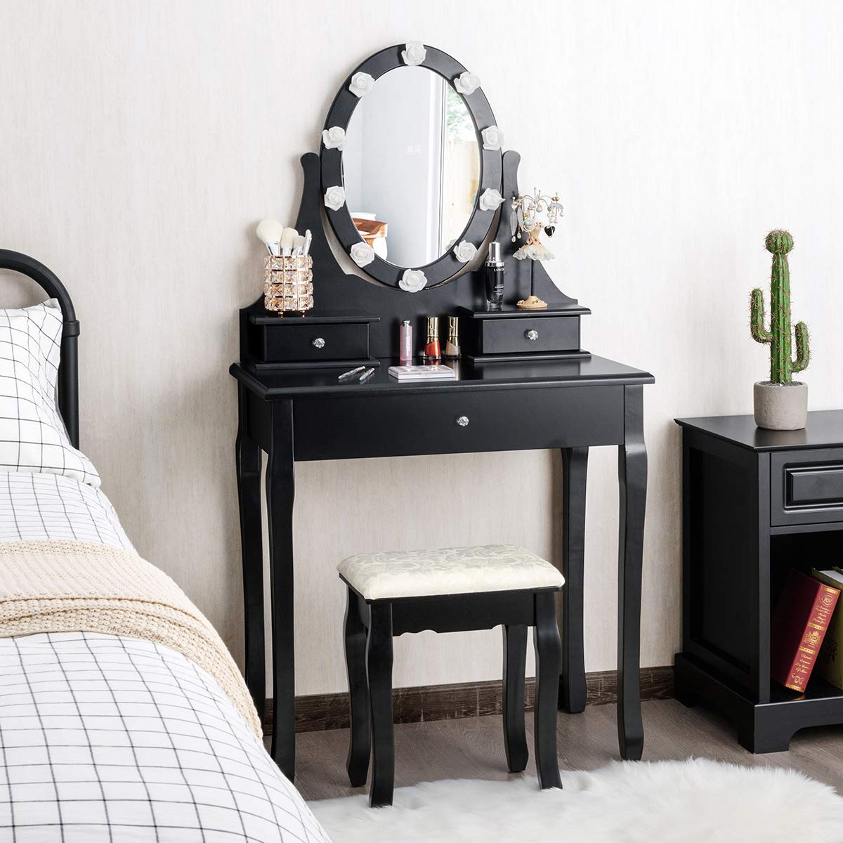 Giantex Modern Vanity Set with Lighted Mirror & Cushioned Stool - 10 Rose LED Lights, 3 Drawers, 360° Rotating Mirror - Dressing Table Makeup Desk for Bedroom, Home Decor (Black) | Perfect for Makeup Application, Skincare Routine & Bedroom Organization