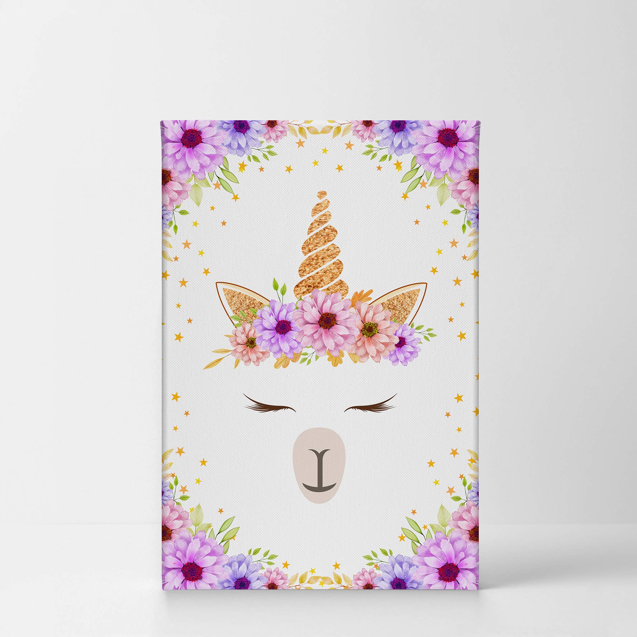 Smile Art Design Cute Unicorn Wall Art - Purple Floral Background Canvas Print - Ready to Hang Nursery Decor for Kids Room & Baby Room - Perfect Unicorn Gift for Girls - Made in USA 17x11