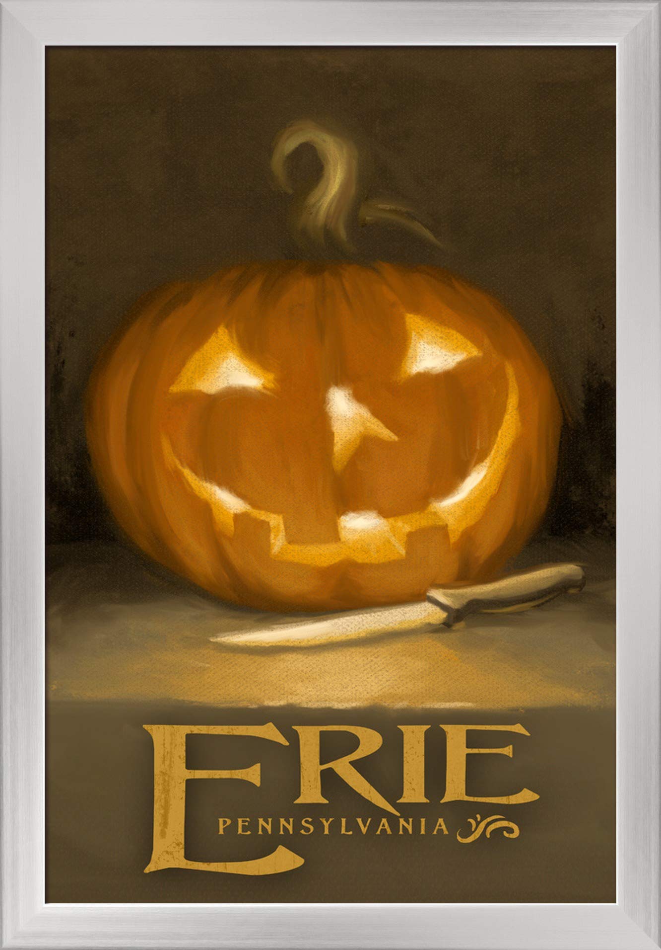 Eerie Jack-O-Lantern Halloween Oil Painting - 16x24 Giclee Fine Art Print with Recycled Wood Frame in Silver - Perfect for Spooky Home Decor & Halloween Party Decorations