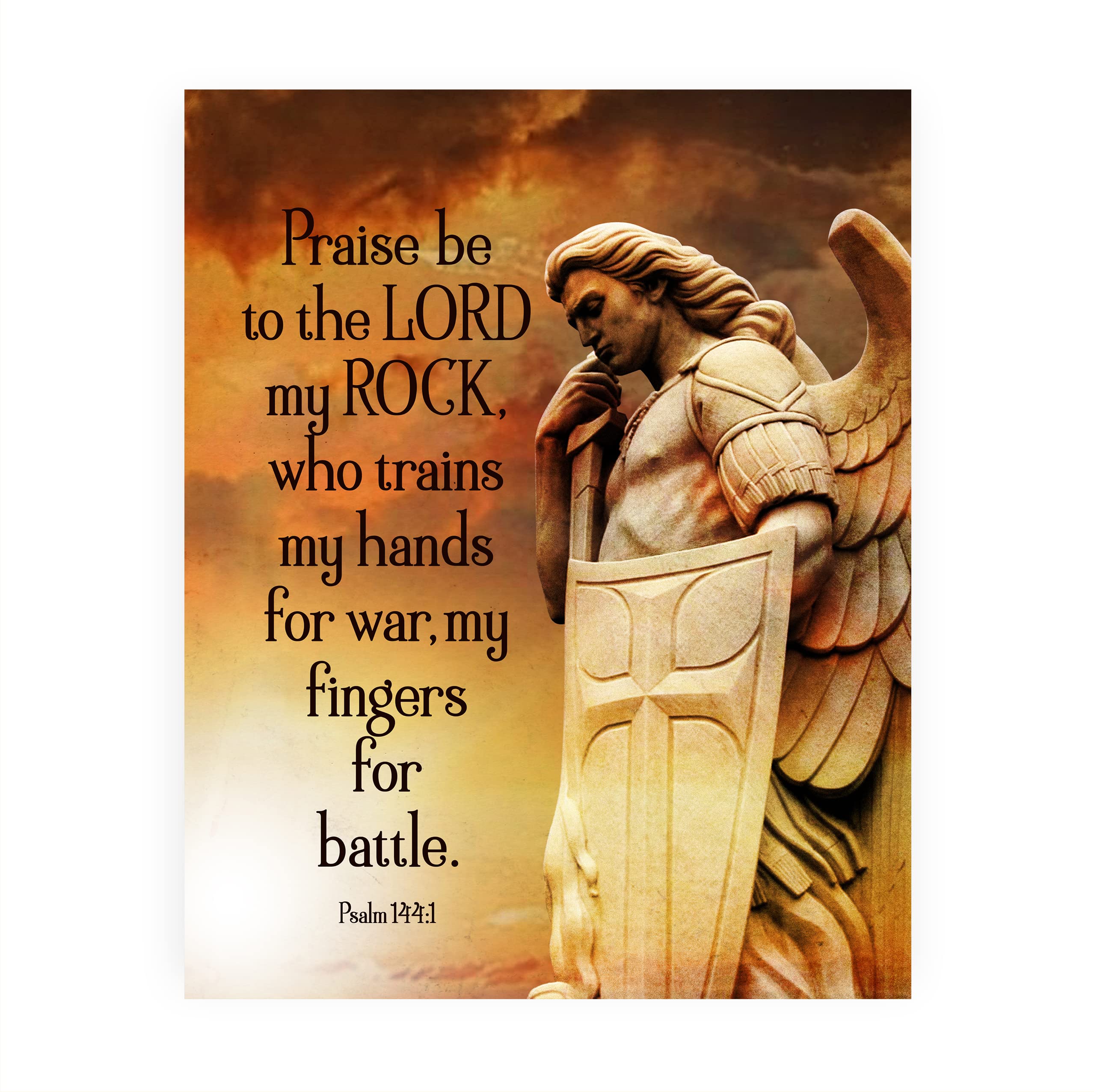 Praise Be To The Lord Spiritual Wall Art - Inspirational Angel Warrior Psalm 144:1 Bible Scripture Print - Unframed 8x10 - Perfect for Home, Office & Church Decor - Thoughtful Catholic Gift Idea - Enhance Your Prayer Space or Faith-Based Interior Design