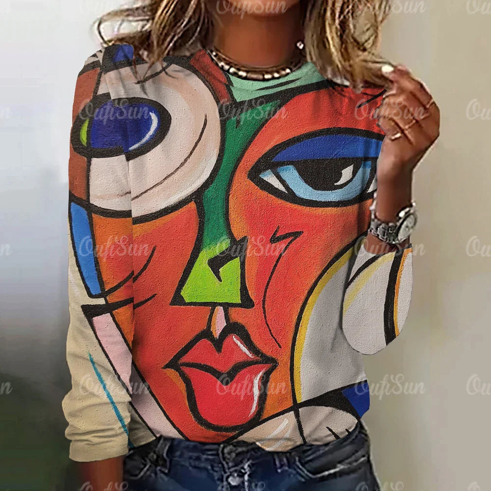 Funny Face Print Women's Long Sleeve T-Shirt | Harajuku Style Gothic Graphic Tee | Oversized Fashion Top for Women & Girls | Perfect for Halloween, Cosplay & Streetwear Outfits