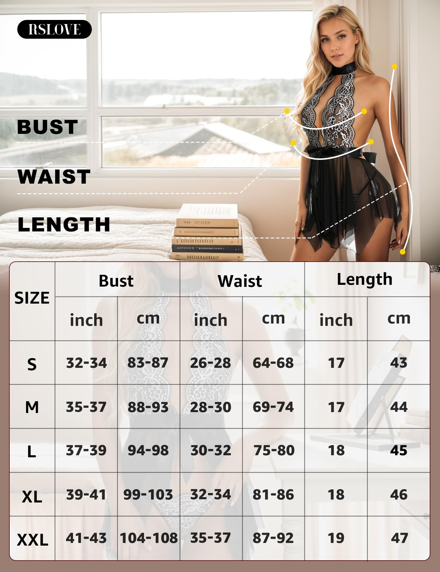 RSLOVE Women's Lace Babydoll Chemise - Sexy Halter Teddy Mesh Sleepwear & Boudoir Outfit for Valentine's Day, Honeymoon & Romantic Nights
