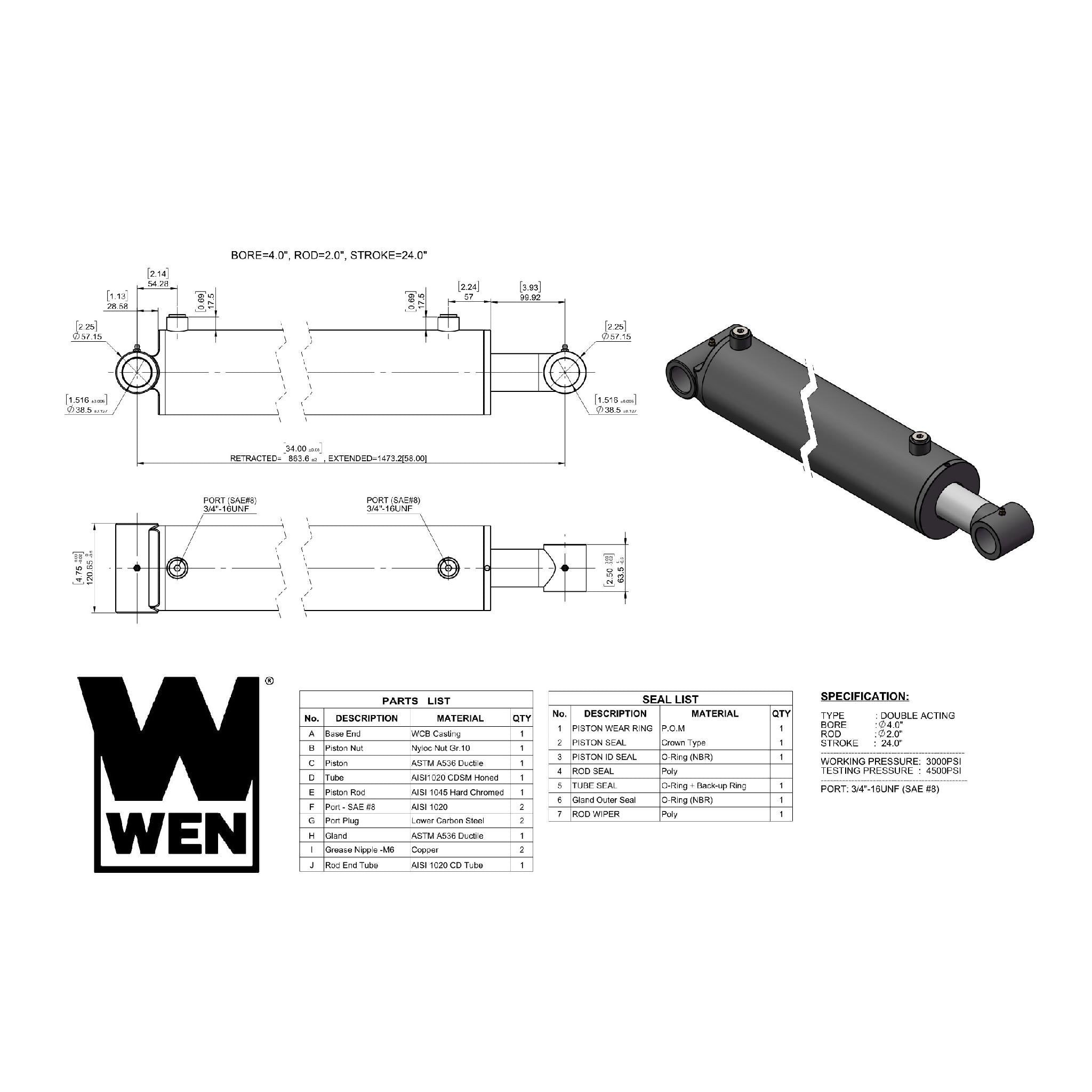 WEN WT4024 Hydraulic Cylinder - 4 Inch Bore, 24 Inch Stroke for Heavy-Duty Equipment & Industrial Machinery | Hydraulic Press, Construction, and Agricultural Applications